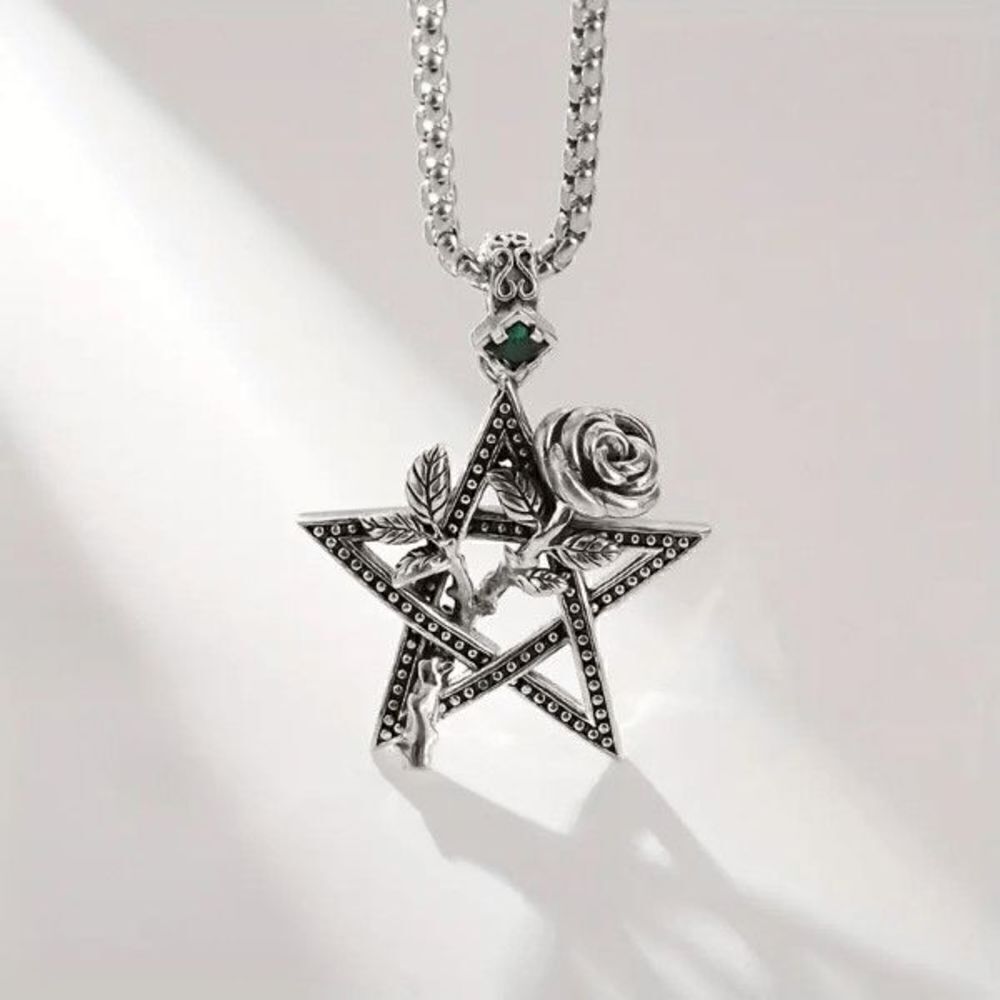Pentagram Star Rose Emerald Silver Unisex Pendant Necklace